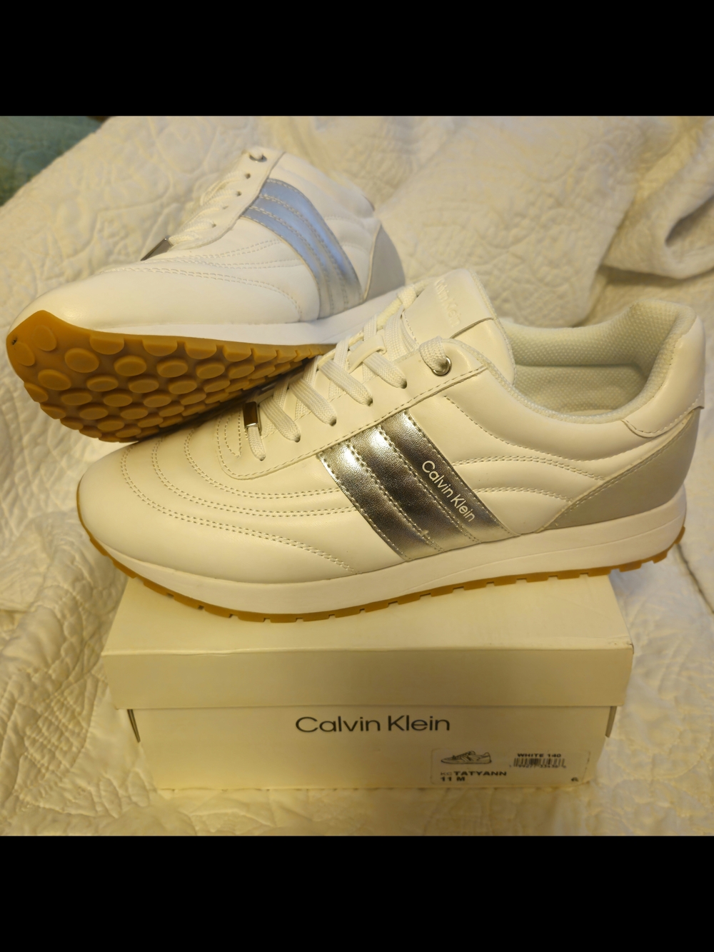 WOMENS 11-Calvin Klein Men’s White & Silver Leather Runner Sneakers-BRAND NEW